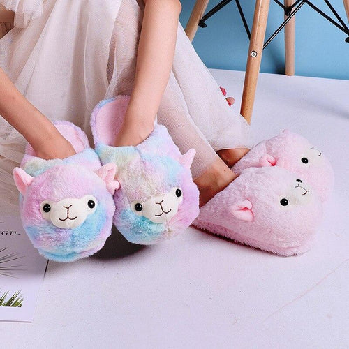 Cute Cartoon Alpaca Home Bedroom Fur Slippers - Peachymart