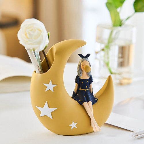 Cute Ribbon Girl on Moon Modern Home Decor Stationary & Makeup Holder - Peachymart