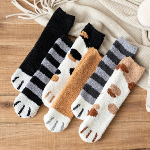 Cute Coral Fleece Cat Paw Winter Warm House Sleeping Socks - Peachymart