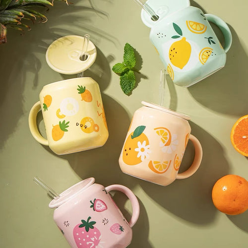 Cute Ceramic Fruity Soft Drink Can Cup Mug with Straw - Peachymart