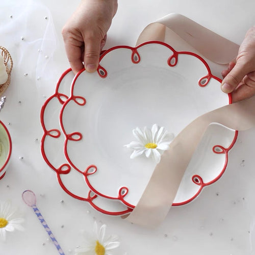 Cute French Style Red Lace Ceramic Dessert Plate - Peachymart