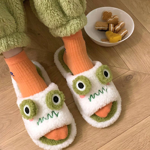 Cute Big Eye Cartoon Frog Furry Home Slippers - Peachymart