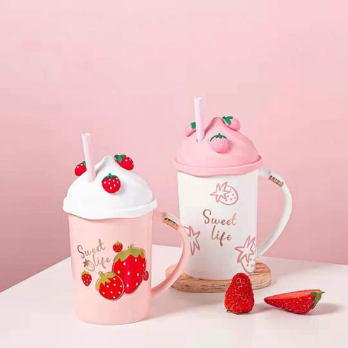 Cute Pink Strawberry Milkshake Ceramic Water Mug with Lid - Peachymart