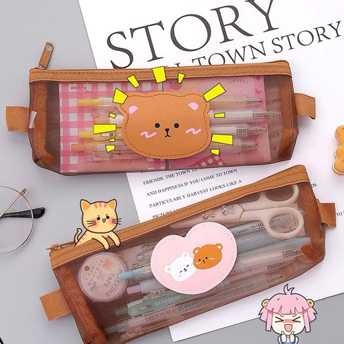 Cute Kawaii Teddy Bear Transparent Mesh Pencil Case - Peachymart