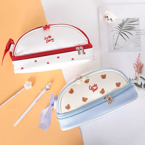 Kawaii Japanese Style Double Layer Heart & Strawberry & Bear Pencil Case - Peachymart